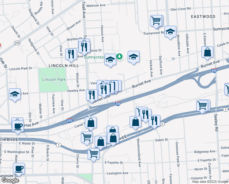 map of restaurants, bars, coffee shops, grocery stores, and more near 1431 Burnet Avenue in Syracuse