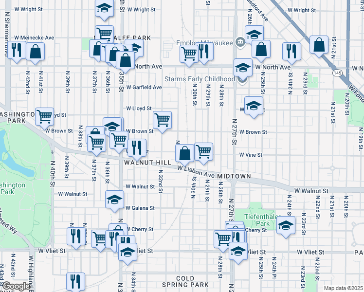 map of restaurants, bars, coffee shops, grocery stores, and more near 1936 North 31st Street in Milwaukee