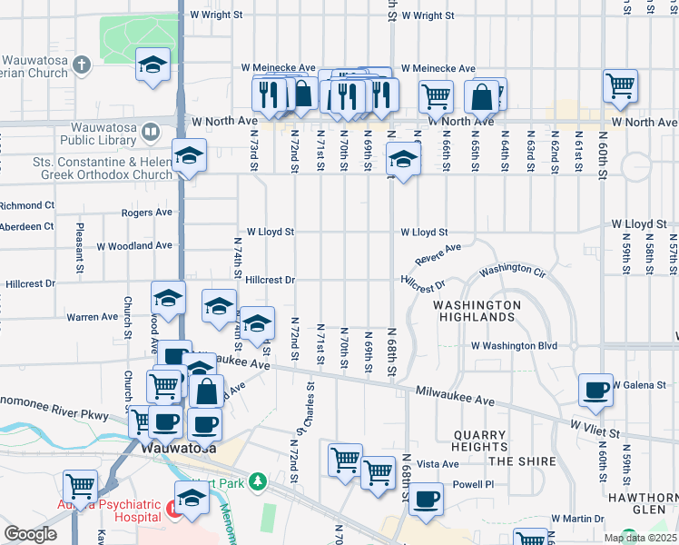 map of restaurants, bars, coffee shops, grocery stores, and more near 1932 North 71st Street in Wauwatosa