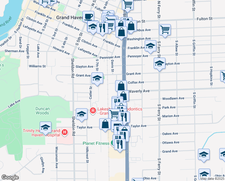 map of restaurants, bars, coffee shops, grocery stores, and more near 702 Colfax Avenue in Grand Haven