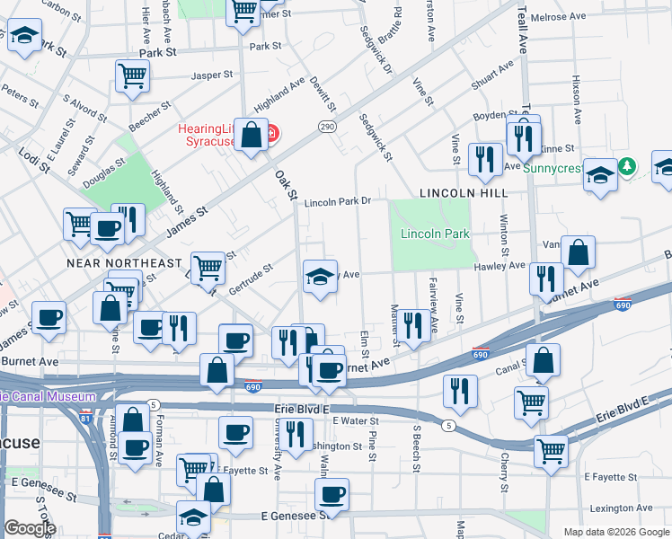 map of restaurants, bars, coffee shops, grocery stores, and more near 409 Elm Street in Syracuse