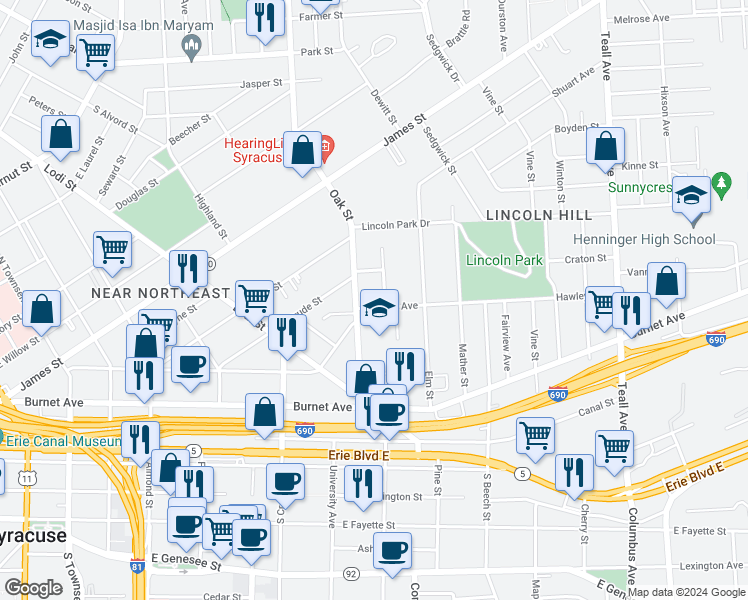 map of restaurants, bars, coffee shops, grocery stores, and more near 209 Delhi Street in Syracuse