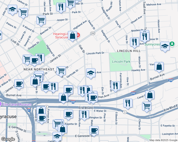 map of restaurants, bars, coffee shops, grocery stores, and more near 209 Delhi Street in Syracuse