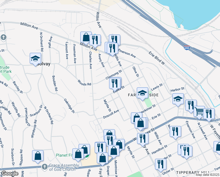 map of restaurants, bars, coffee shops, grocery stores, and more near 1014 Avery Avenue in Syracuse