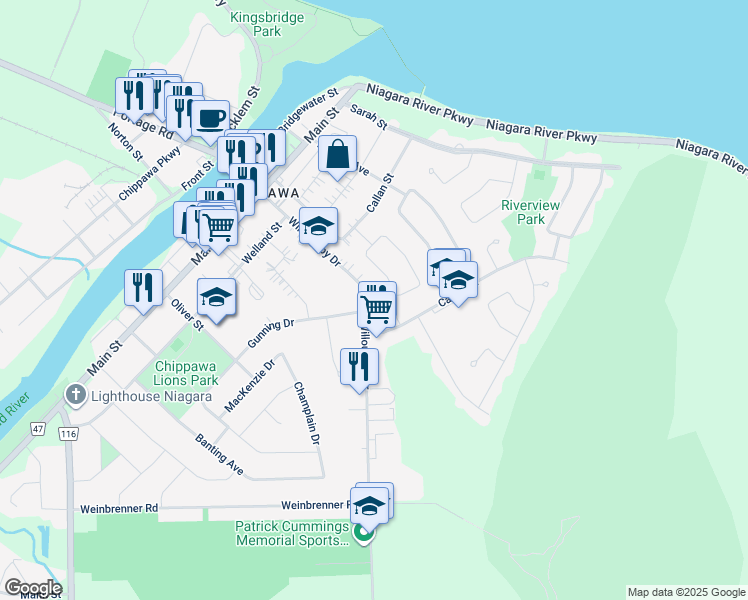 map of restaurants, bars, coffee shops, grocery stores, and more near 8415 Parkway Drive in Niagara Falls