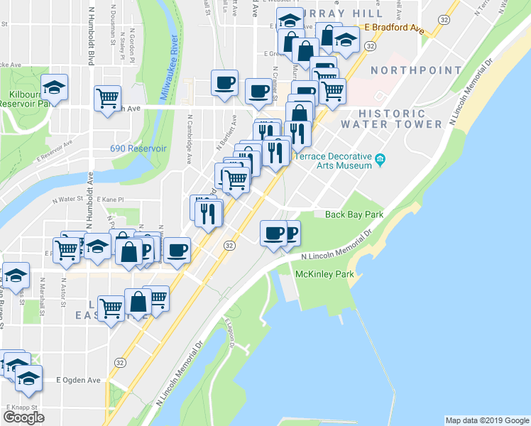 map of restaurants, bars, coffee shops, grocery stores, and more near 1959 North Prospect Avenue in Milwaukee