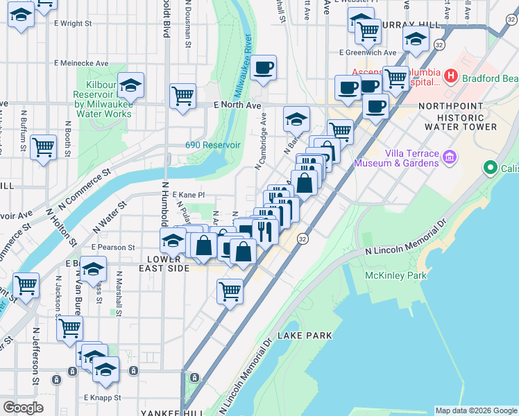 map of restaurants, bars, coffee shops, grocery stores, and more near 1864 North Cambridge Avenue in Milwaukee