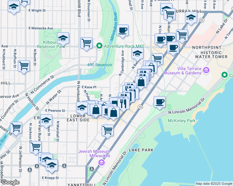 map of restaurants, bars, coffee shops, grocery stores, and more near 1864 North Cambridge Avenue in Milwaukee