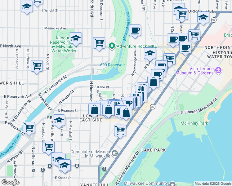 map of restaurants, bars, coffee shops, grocery stores, and more near 1327 East Kane Place in Milwaukee