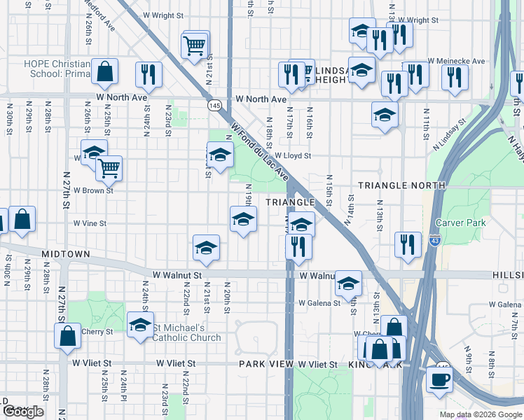 map of restaurants, bars, coffee shops, grocery stores, and more near 1952 North 19th Street in Milwaukee