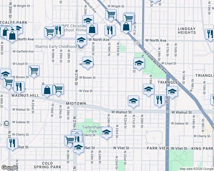map of restaurants, bars, coffee shops, grocery stores, and more near 2423-2425 West Brown Street in Milwaukee