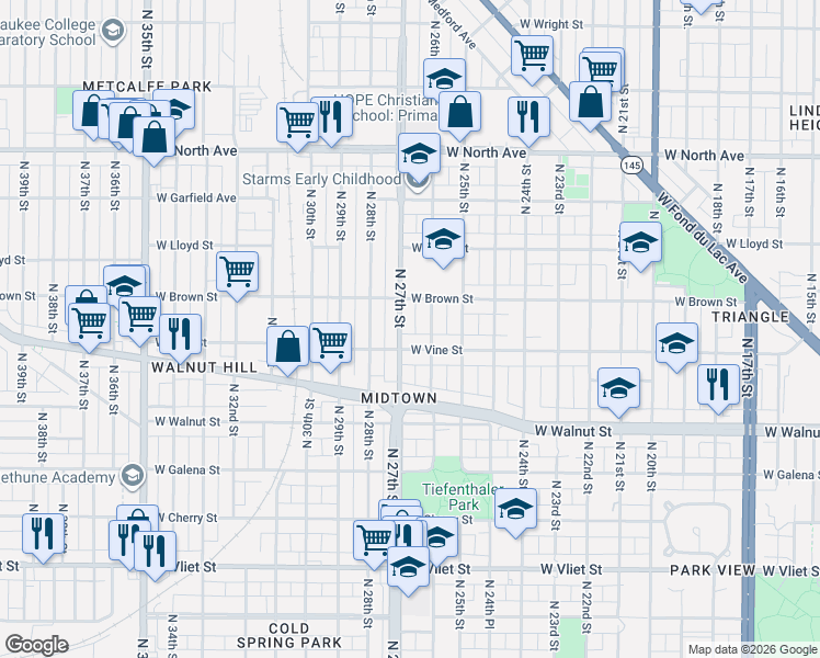 map of restaurants, bars, coffee shops, grocery stores, and more near 1951 North 26th Street in Milwaukee