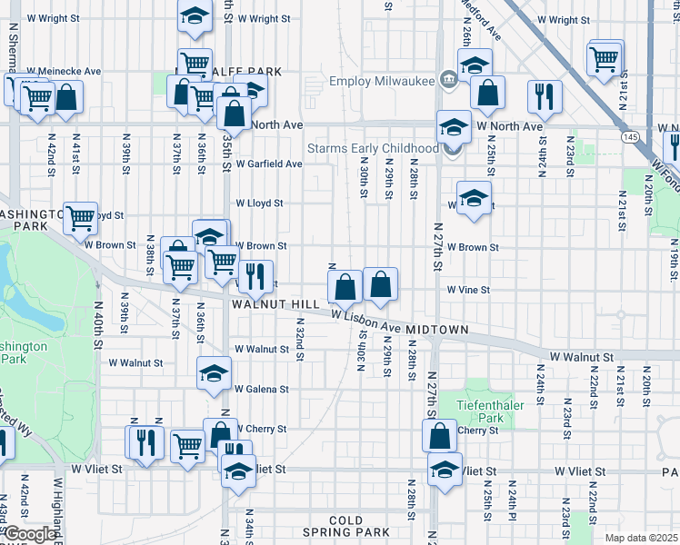 map of restaurants, bars, coffee shops, grocery stores, and more near 1936 North 31st Street in Milwaukee