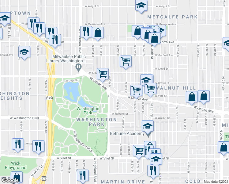 map of restaurants, bars, coffee shops, grocery stores, and more near 1948 North 40th Street in Milwaukee