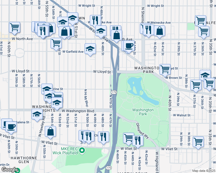map of restaurants, bars, coffee shops, grocery stores, and more near 2000 North 48th Street in Milwaukee