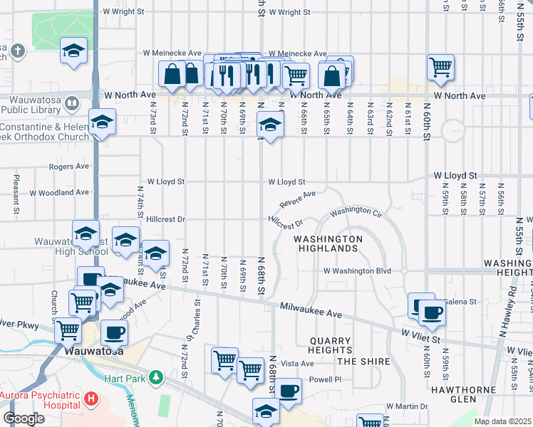 map of restaurants, bars, coffee shops, grocery stores, and more near 1934 North 68th Street in Wauwatosa
