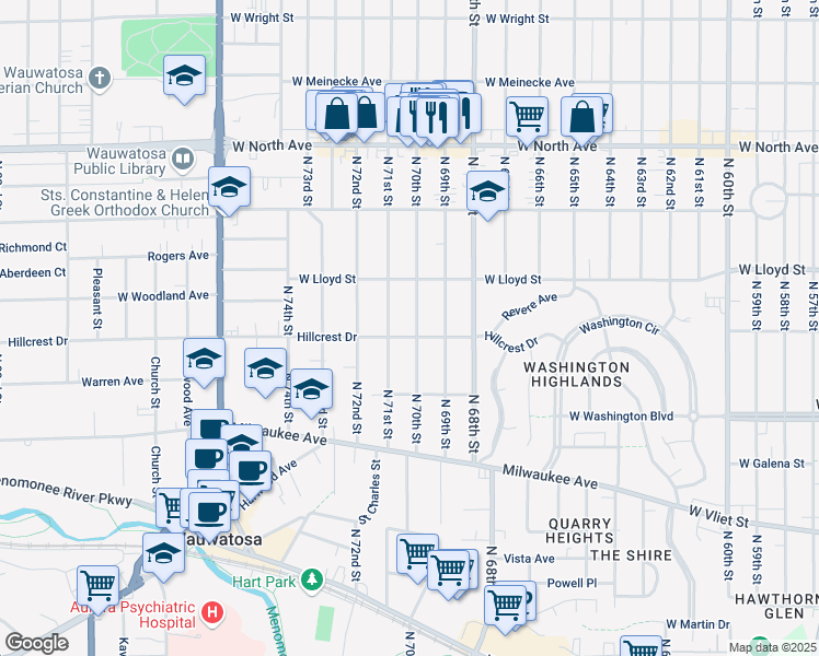 map of restaurants, bars, coffee shops, grocery stores, and more near 1932 North 71st Street in Wauwatosa