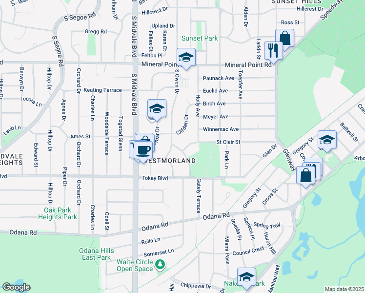 map of restaurants, bars, coffee shops, grocery stores, and more near 4210 Saint Clair Street in Madison