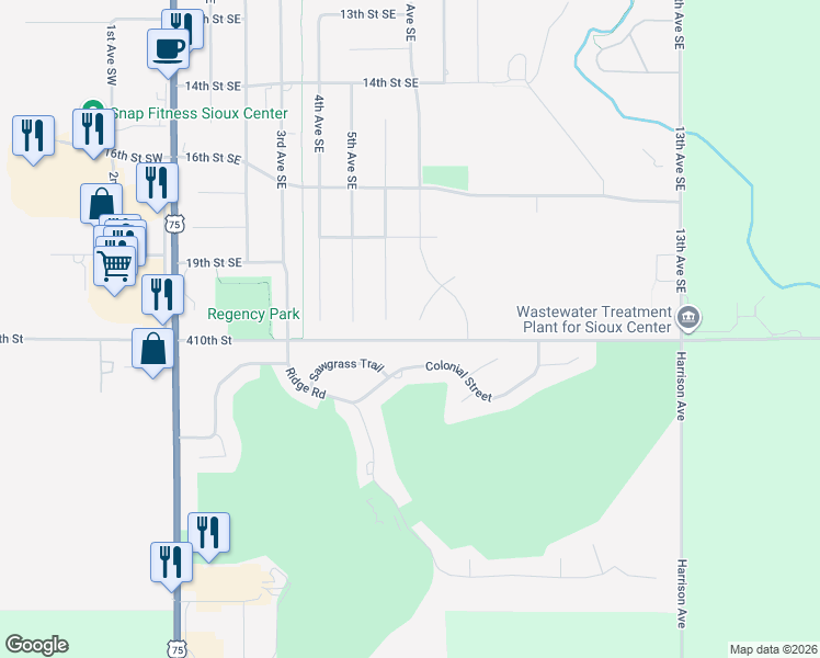map of restaurants, bars, coffee shops, grocery stores, and more near 1923 6th Avenue Southeast in Sioux Center