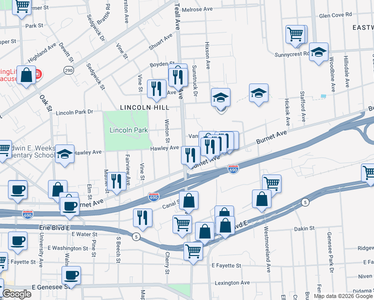 map of restaurants, bars, coffee shops, grocery stores, and more near 540 Teall Avenue in Syracuse