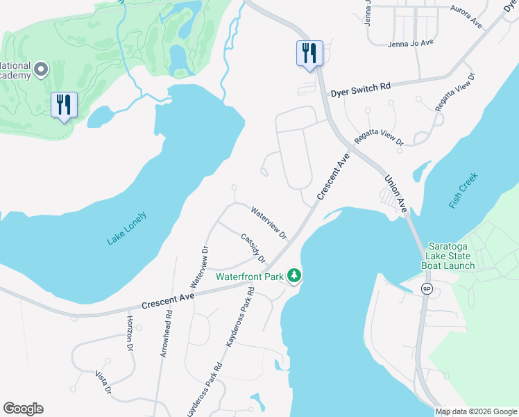 map of restaurants, bars, coffee shops, grocery stores, and more near 57 Waterview Drive in Saratoga Springs