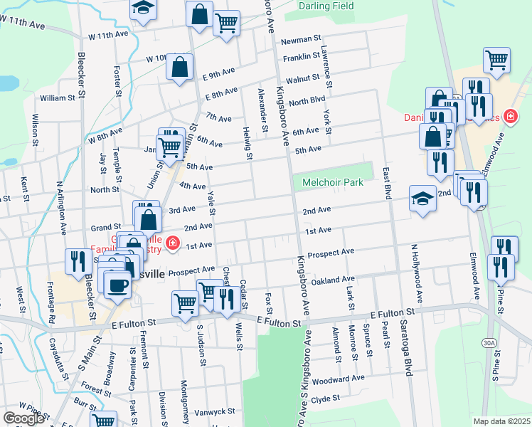 map of restaurants, bars, coffee shops, grocery stores, and more near 102 3rd Avenue in Gloversville
