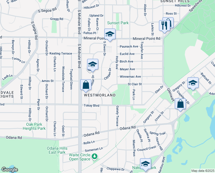 map of restaurants, bars, coffee shops, grocery stores, and more near 4210 Saint Clair Street in Madison
