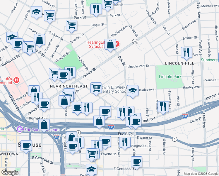 map of restaurants, bars, coffee shops, grocery stores, and more near 311 Gertrude Street in Syracuse