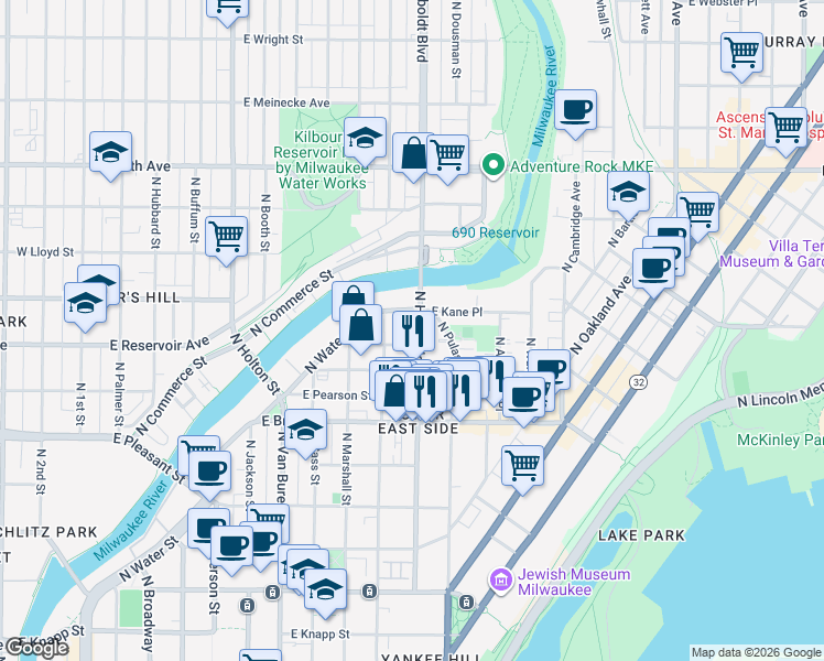 map of restaurants, bars, coffee shops, grocery stores, and more near 1851 North Humboldt Avenue in Milwaukee
