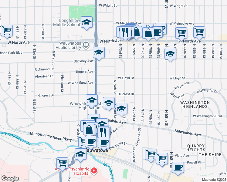 map of restaurants, bars, coffee shops, grocery stores, and more near 7406 Hillcrest Drive in Milwaukee