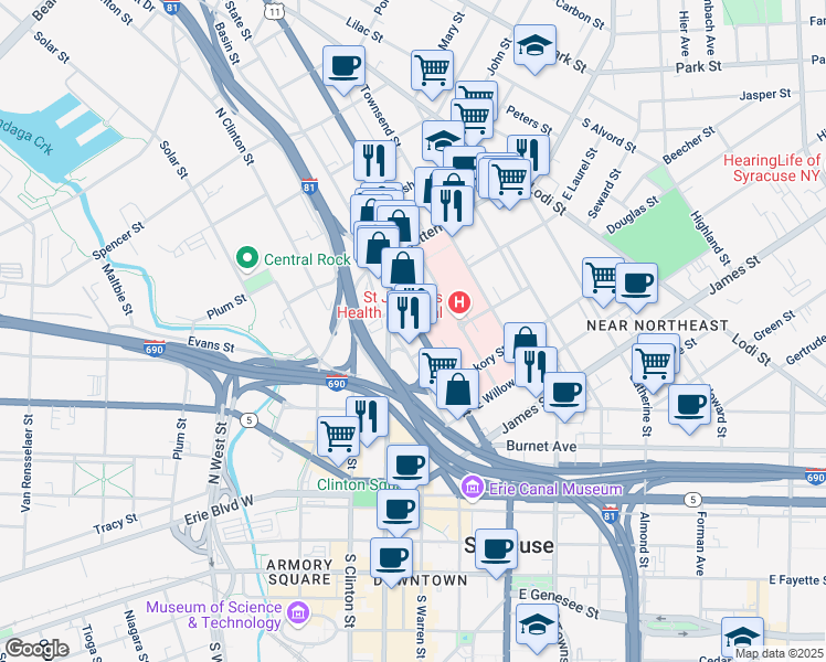 map of restaurants, bars, coffee shops, grocery stores, and more near 524 North State Street in Syracuse