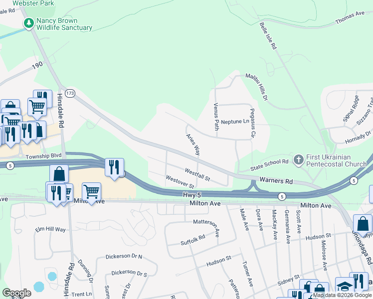 map of restaurants, bars, coffee shops, grocery stores, and more near 5893 Aries Way in Syracuse