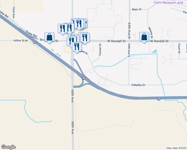 map of restaurants, bars, coffee shops, grocery stores, and more near 1008 O'Malley Drive in Coopersville