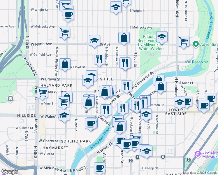 map of restaurants, bars, coffee shops, grocery stores, and more near 1924 North Hubbard Street in Milwaukee