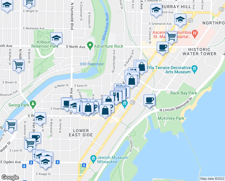 map of restaurants, bars, coffee shops, grocery stores, and more near 1854 North Cambridge Avenue in Milwaukee