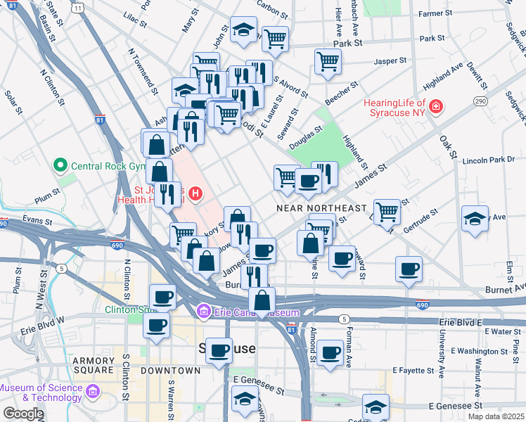 map of restaurants, bars, coffee shops, grocery stores, and more near 501 Catherine Street in Syracuse