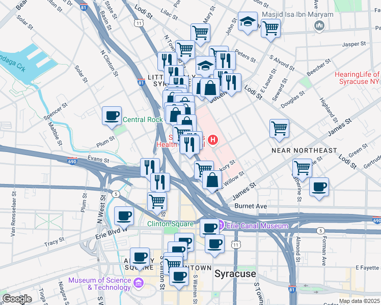 map of restaurants, bars, coffee shops, grocery stores, and more near 524 North State Street in Syracuse