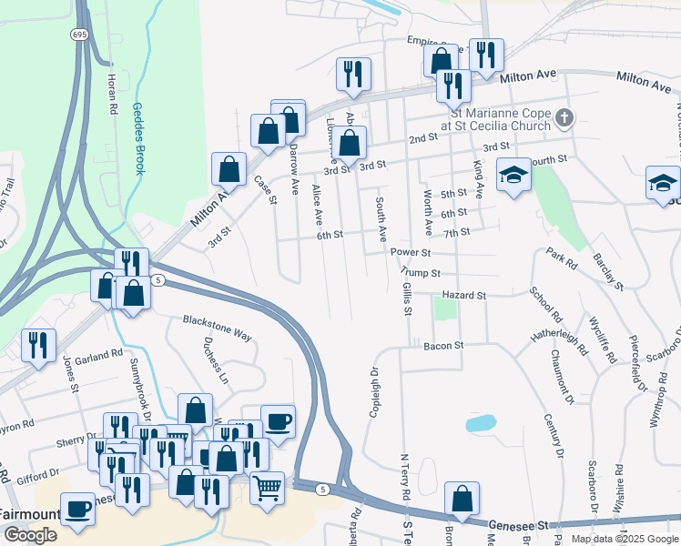 map of restaurants, bars, coffee shops, grocery stores, and more near 412 Lionel Avenue in Syracuse