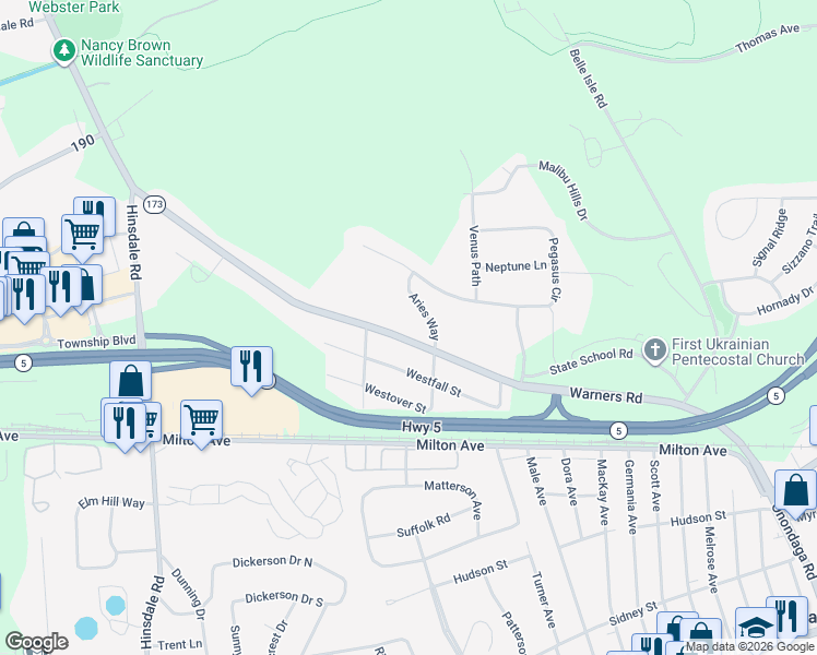 map of restaurants, bars, coffee shops, grocery stores, and more near 5893 Aries Way in Syracuse