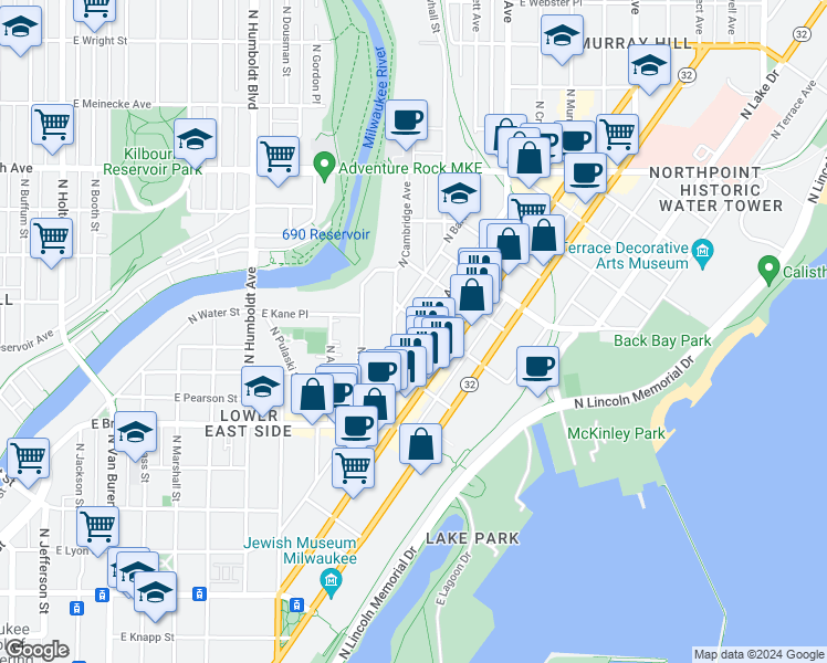 map of restaurants, bars, coffee shops, grocery stores, and more near in Milwaukee