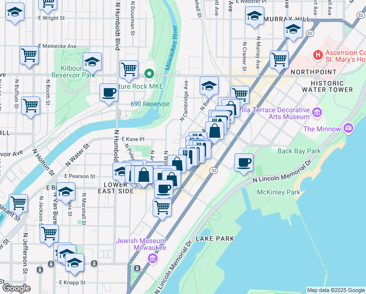 map of restaurants, bars, coffee shops, grocery stores, and more near 1864 North Cambridge Avenue in Milwaukee