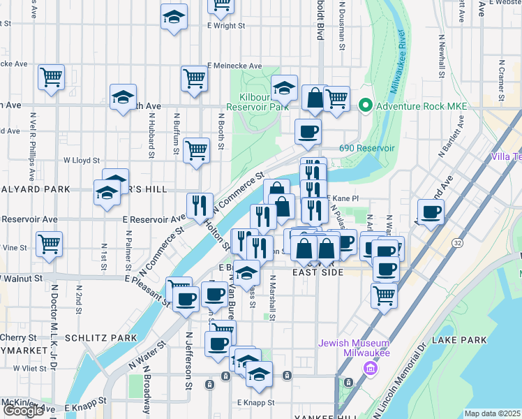 map of restaurants, bars, coffee shops, grocery stores, and more near 1915 North Pierce Street in Milwaukee