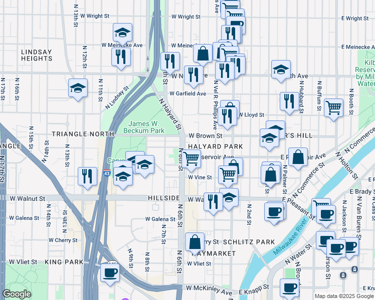 map of restaurants, bars, coffee shops, grocery stores, and more near 1928 North 6th Street in Milwaukee
