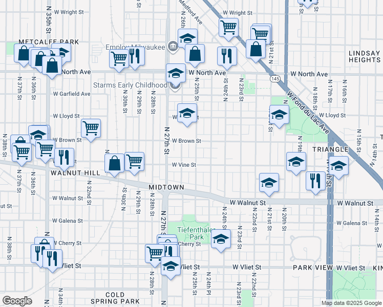map of restaurants, bars, coffee shops, grocery stores, and more near 2483 West Brown Street in Milwaukee