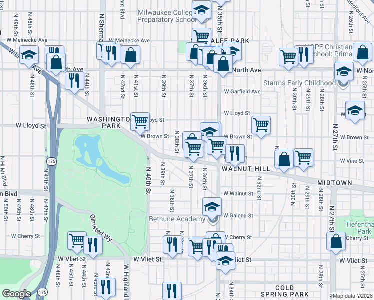 map of restaurants, bars, coffee shops, grocery stores, and more near 1951A North 37th Street in Milwaukee