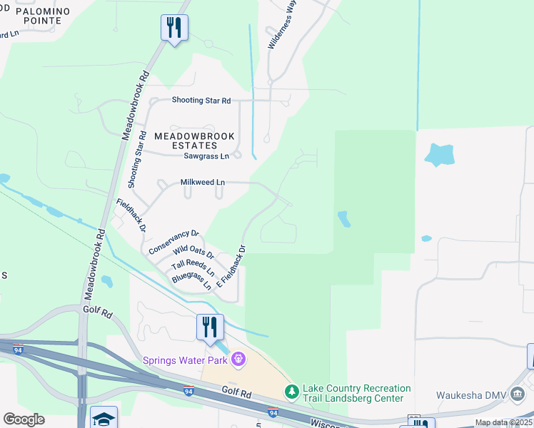 map of restaurants, bars, coffee shops, grocery stores, and more near N17W26480 Meadowgrass Circle in Pewaukee