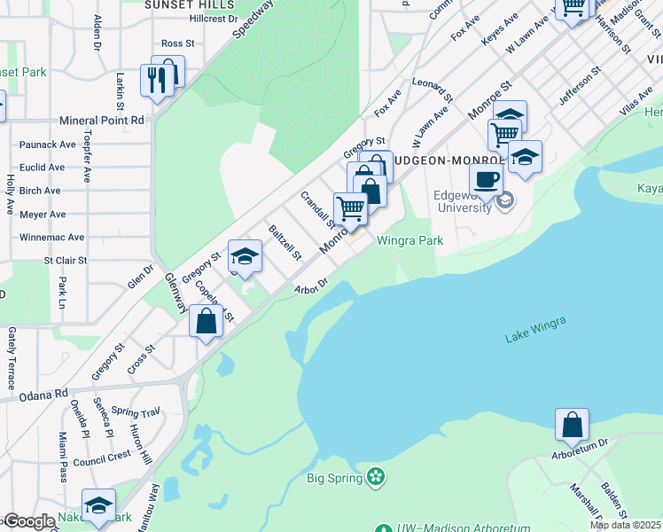 map of restaurants, bars, coffee shops, grocery stores, and more near 2821 Monroe Street in Madison