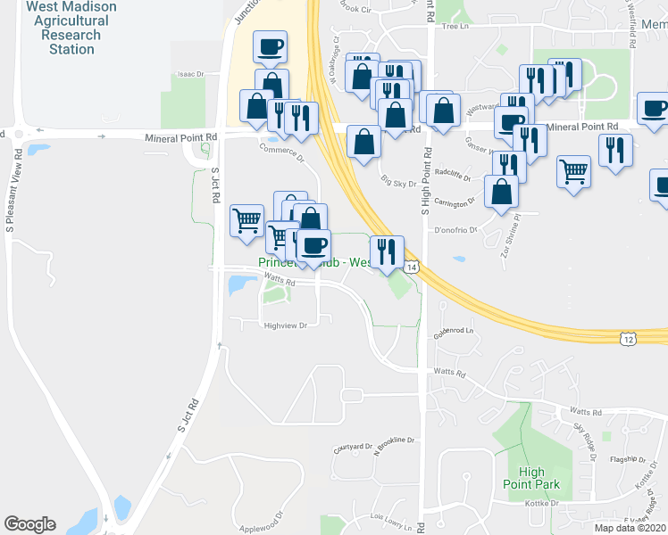 map of restaurants, bars, coffee shops, grocery stores, and more near 479 Commerce Drive in Madison