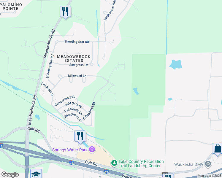 map of restaurants, bars, coffee shops, grocery stores, and more near N17W26480 Meadowgrass Circle in Pewaukee
