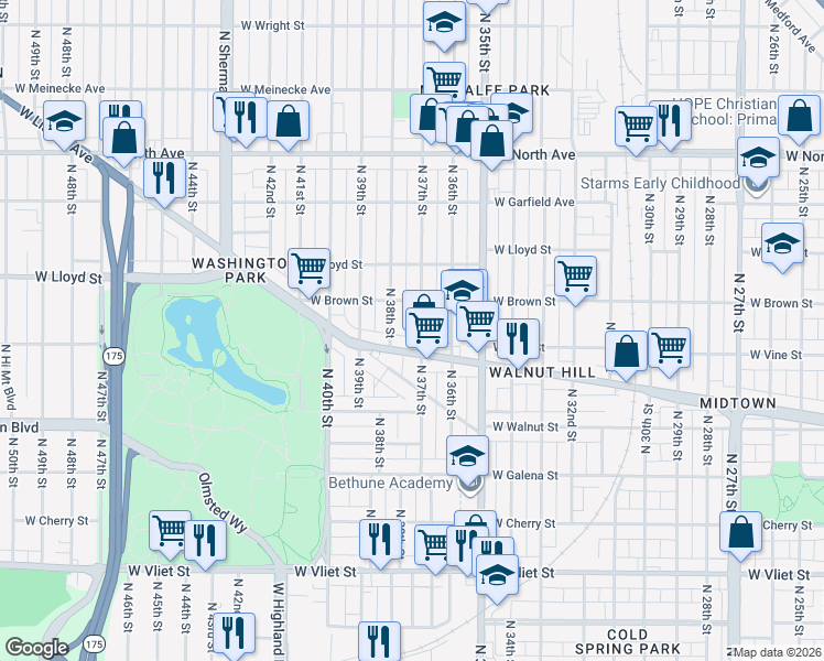 map of restaurants, bars, coffee shops, grocery stores, and more near 1951A North 37th Street in Milwaukee